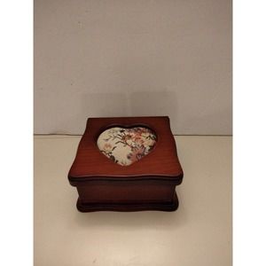 Solid wood heart shaped tapestry/needle point jewelry box with mirror5"x5"x2.7"